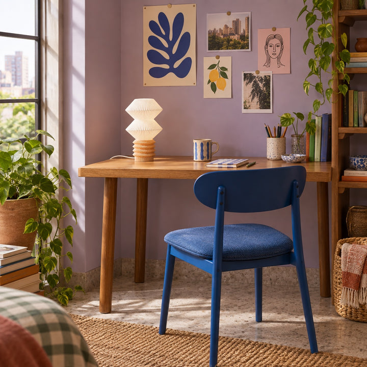 AI-styled room idea: Beige Iso mini lamp beside a notebook and mug on a study desk