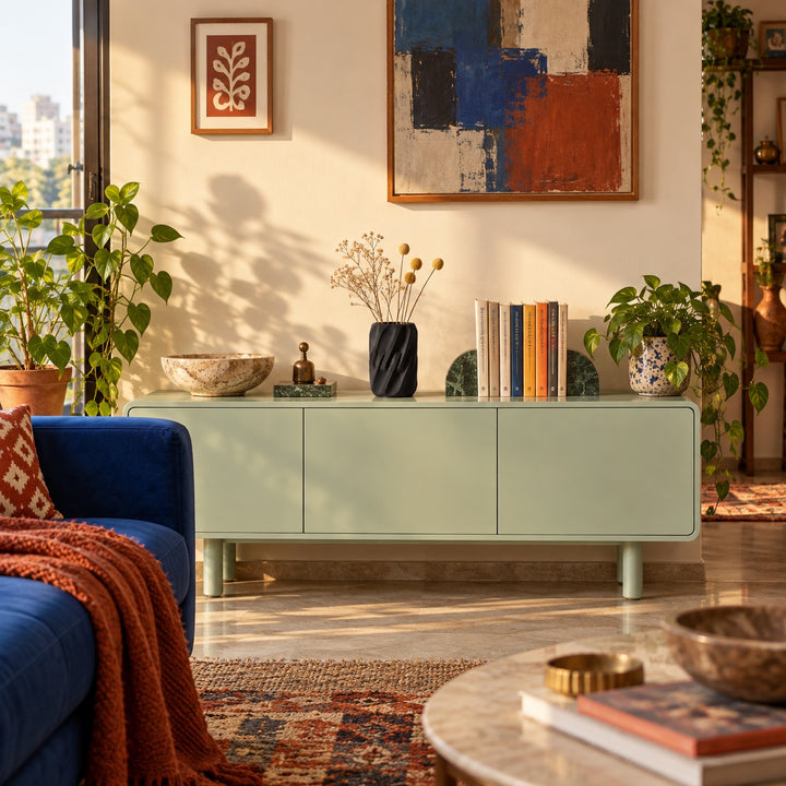 AI-styled room idea: Black Lipa vase with dried stems and books on a mint console