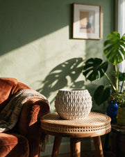 Basket Weave Planter – on a side table at golden hour