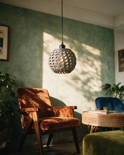 Bead Orb Pendant Light – on a side table at golden hour