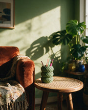 Bubble Pen Cup – on a side table at golden hour