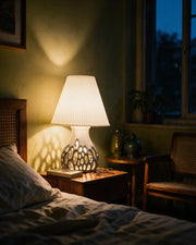 Cell Lattice Table Lamp – at night on a bedside table