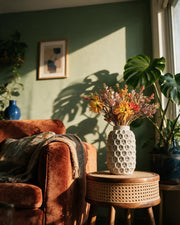 Cell Lattice Vase – on a side table at golden hour