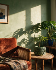 Checker Cut Planter – on a side table at golden hour