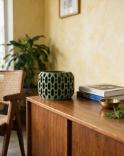 Checker Cut Planter – styled on a console