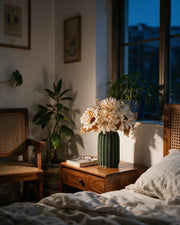 Chevron Fin Vase – at night on a bedside table