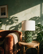 Chevron Lattice Table Lamp – on a side table at golden hour