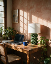 Chevron Lattice Table Lamp – on a work desk in morning sun