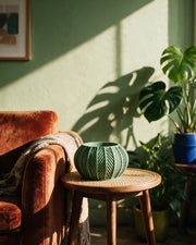 Chevron Round Planter – on a side table at golden hour