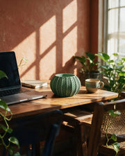 Chevron Round Planter – on a work desk in morning sun