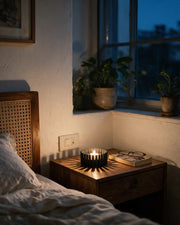 Comb Tealight Holder – at night on a bedside table