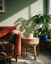 Crosshatch Column Planter – on a side table at golden hour