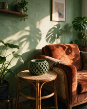 Diamond Drum Orchid Planter – on a side table at golden hour
