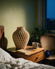 Diamond Lattice Vase – at night on a bedside table