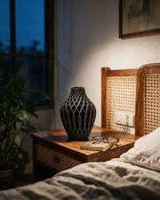 Diamond Net Vase – at night on a bedside table