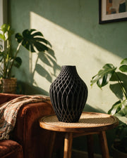 Diamond Net Vase – on a side table at golden hour