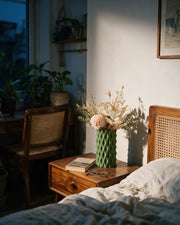 Diamond Quilt Vase – at night on a bedside table