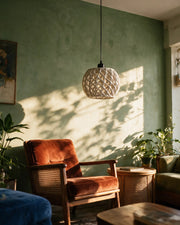 Diamond Weave Pendant Light – on a side table at golden hour
