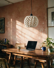 Diamond Weave Pendant Light – on a work desk in morning sun