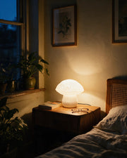 Edulis Fungus Lamp – at night on a bedside table