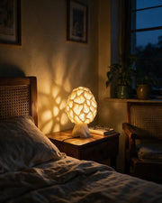 Esculenta Fungus Lamp – at night on a bedside table