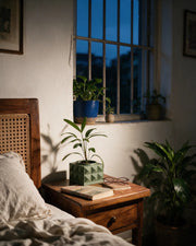 Faceted Cube Planter – at night on a bedside table