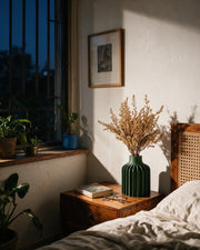 Fin Column Vase – at night on a bedside table