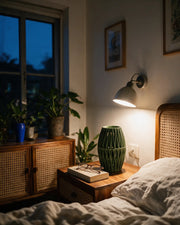 Fin Drum Vase – at night on a bedside table