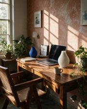 Fine Rib Teardrop Vase – on a work desk in morning sun