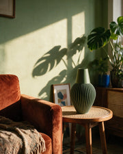Fine Rib Vase – on a side table at golden hour