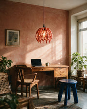 Flame Cage Pendant Light – on a work desk in morning sun