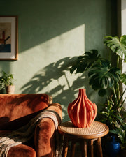 Flame Fin Vase – on a side table at golden hour