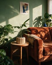Fluted Drum Planter – on a side table at golden hour