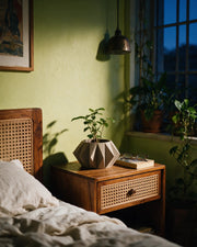 Gem Hex Planter – at night on a bedside table