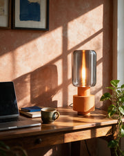 Glass Tube Table Lamp – on a work desk in morning sun
