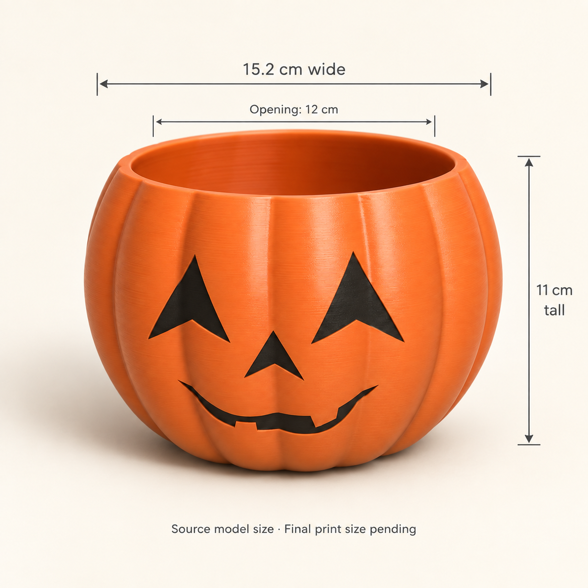 Size guide — Source model: 15.2 cm wide × 11 cm tall; 12 cm opening. Final print size pending. AI concept illustration.