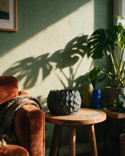 Hex Dimple Planter – on a side table at golden hour