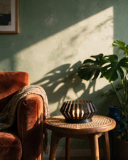 Hex Tealight Holder – on a side table at golden hour