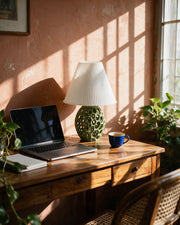 Honeycomb Base Table Lamp – on a work desk in morning sun