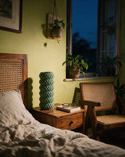Honeycomb Cylinder Vase – at night on a bedside table