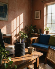 Knurl Pen Cup – on a work desk in morning sun