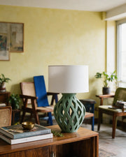Lattice Bulb Table Lamp – styled on a console