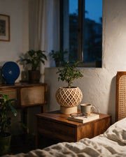 Lattice Globe Planter – at night on a bedside table