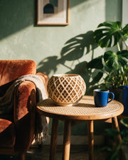 Lattice Globe Planter – on a side table at golden hour