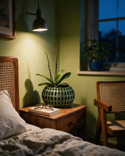 Oval Perf Orchid Planter – at night on a bedside table