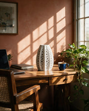 Perf Tower Vase – on a work desk in morning sun