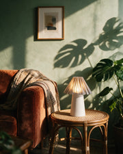 Pleat Cone Mini Lamp – on a side table at golden hour