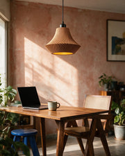 Pleat Flare Pendant Light – on a work desk in morning sun