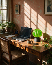 Pumpkin Shade Mini Lamp – on a work desk in morning sun