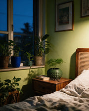 Pyramid Globe Planter – at night on a bedside table